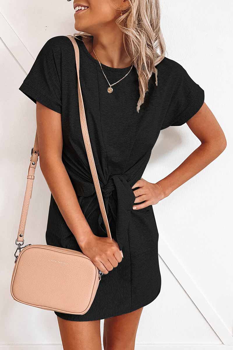 Florcoo Loose Tie Solid Color Short Sleeves Mini Dress(6 colors) - Fashionpara