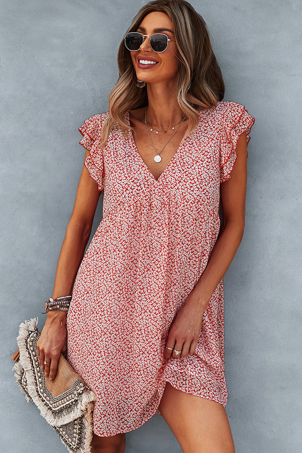 Ruffled Flower Print V Neck Cusual Dress - Fashionpara