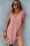 Ruffled Flower Print V Neck Cusual Dress
