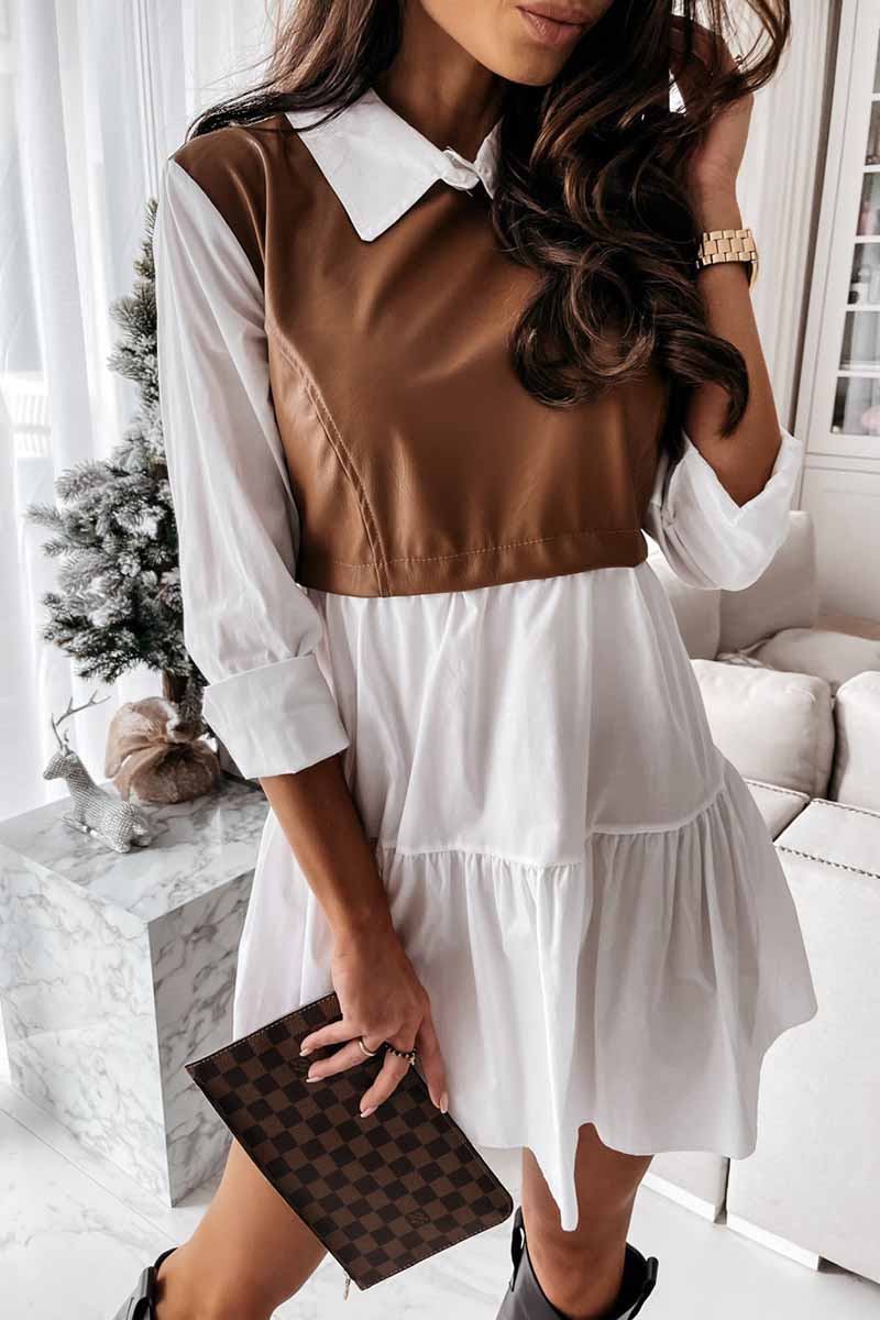Florcoo Shirt skirt and leather stitching Mini Dress - Fashionpara