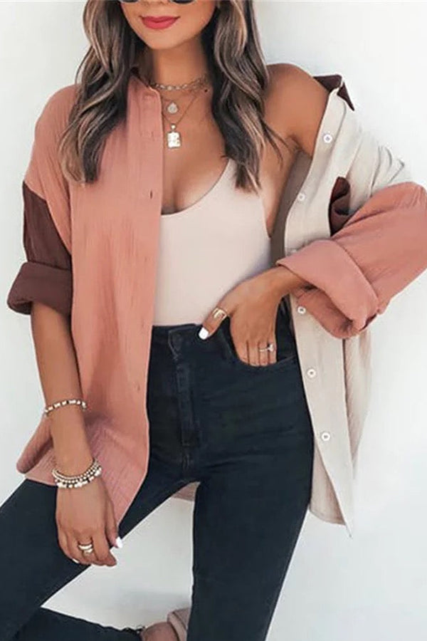 Color Block Textured Button Shirt with Pocket - Fashionpara