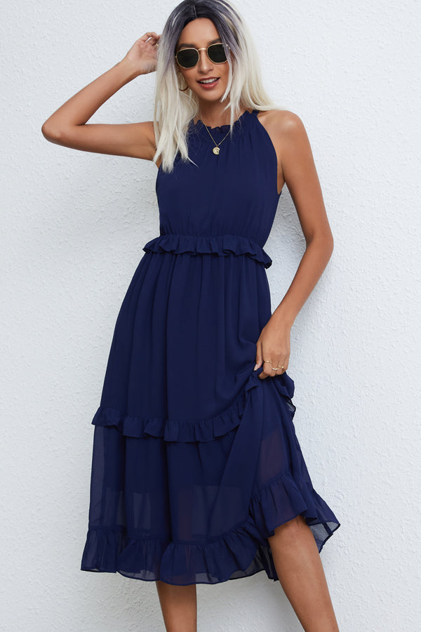 Solid Color Halter Neck Sleeveless Maxi Dress - Fashionpara