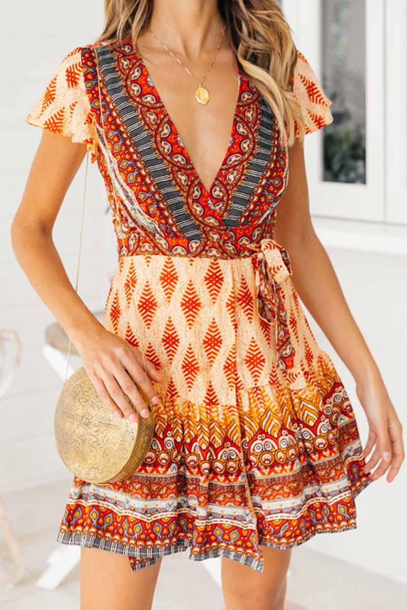 Florcoo Spring And Summer Fashion Retro V-Neck Print Short Sleeves Mini Dress - Fashionpara