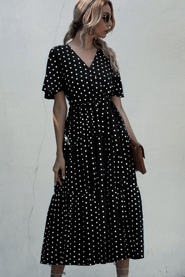 Short Sleeve Dots Print V Neck Maxi Dress - Fashionpara