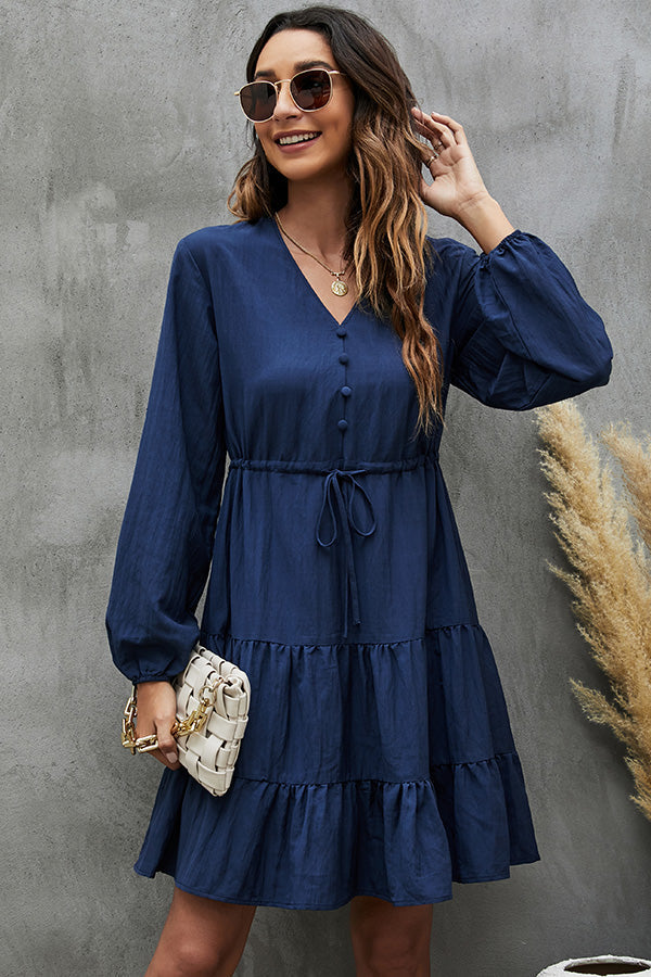 Long Sleeve V Neck Tie Waist Casual Dress - Fashionpara