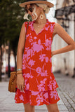 V Neck Floral Print Sleeveless Mini Dress