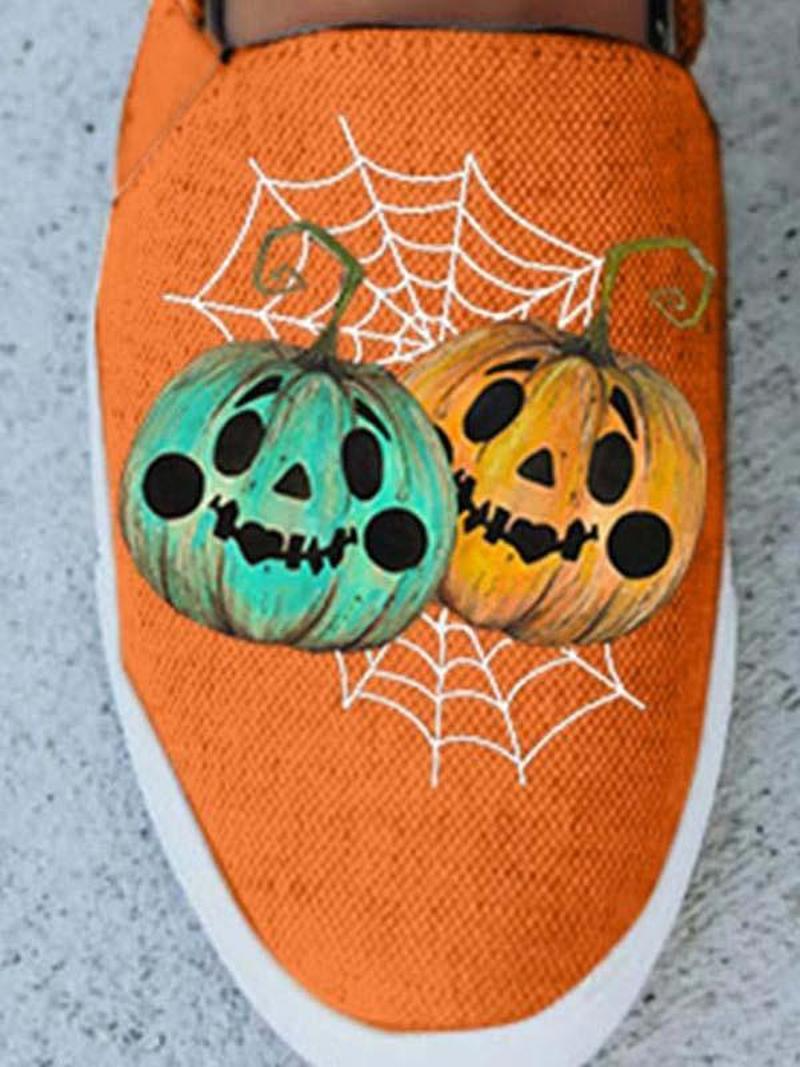 Halloween Pumpkin Print Canvas Slip On Sneakers