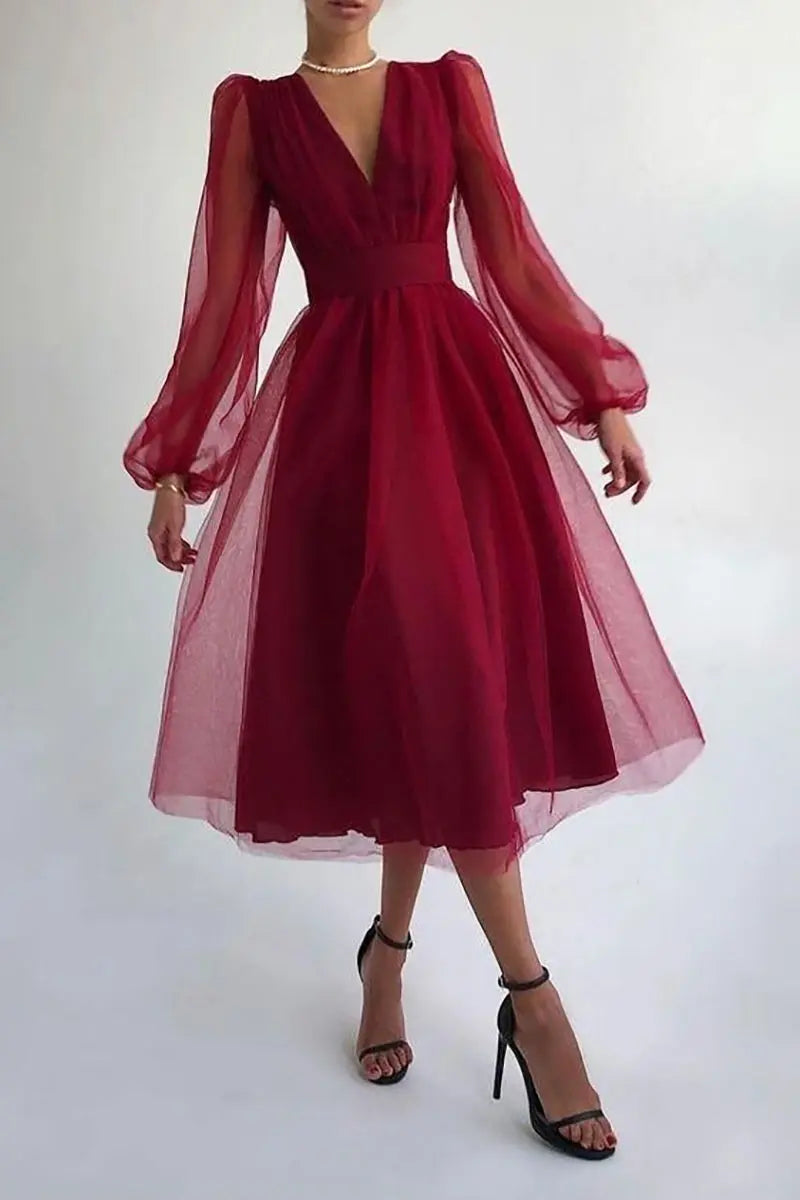 V Neck Tulle Long Sleeve Midi Dress - Fashionpara