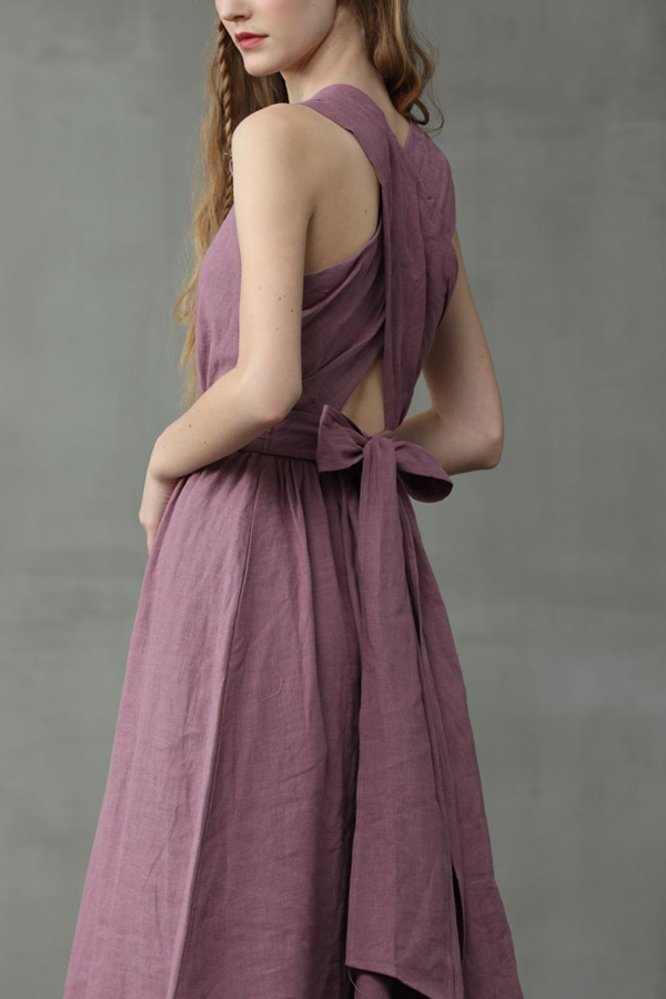 Cross Back O Neck Maxi Linen Dress - Fashionpara