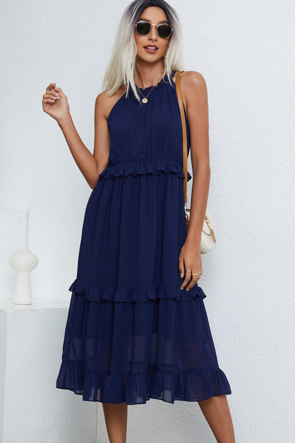Solid Color Halter Neck Sleeveless Maxi Dress - Fashionpara