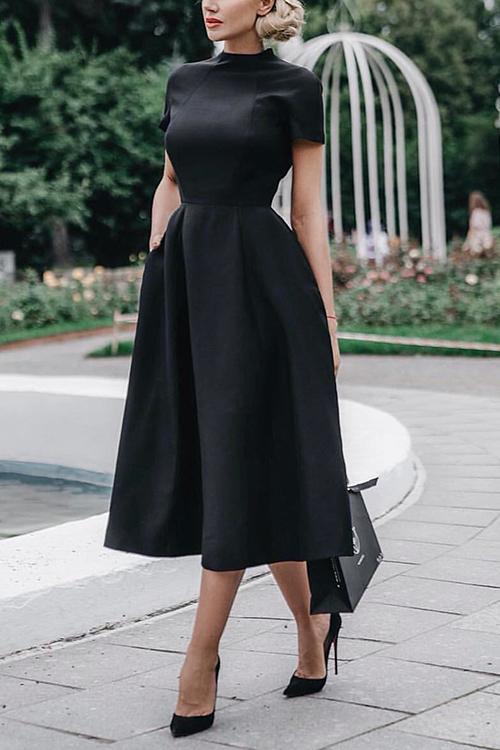 Solid Short Sleeve A Line Dress - Fashionpara