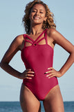 Cross Front Solid Color One Piece Swimsuit