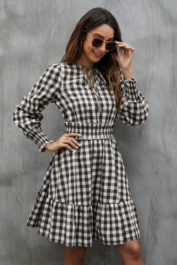 Fashion Plaid Print Rulle Hem Mini Dress - Fashionpara