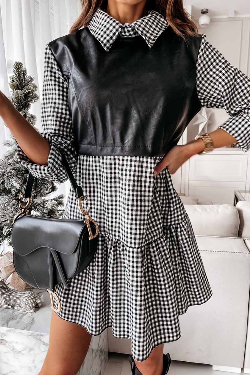 Florcoo Shirt skirt and leather stitching Mini Dress - Fashionpara