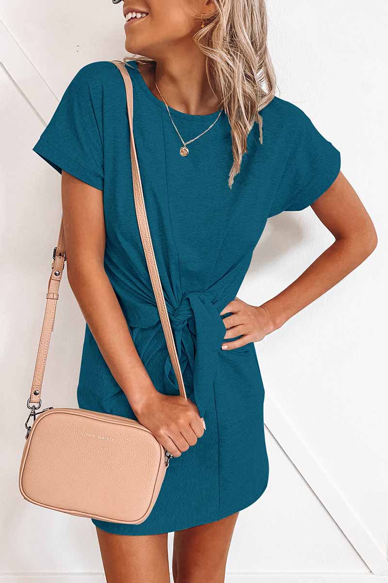 Florcoo Loose Tie Solid Color Short Sleeves Mini Dress(6 colors) - Fashionpara
