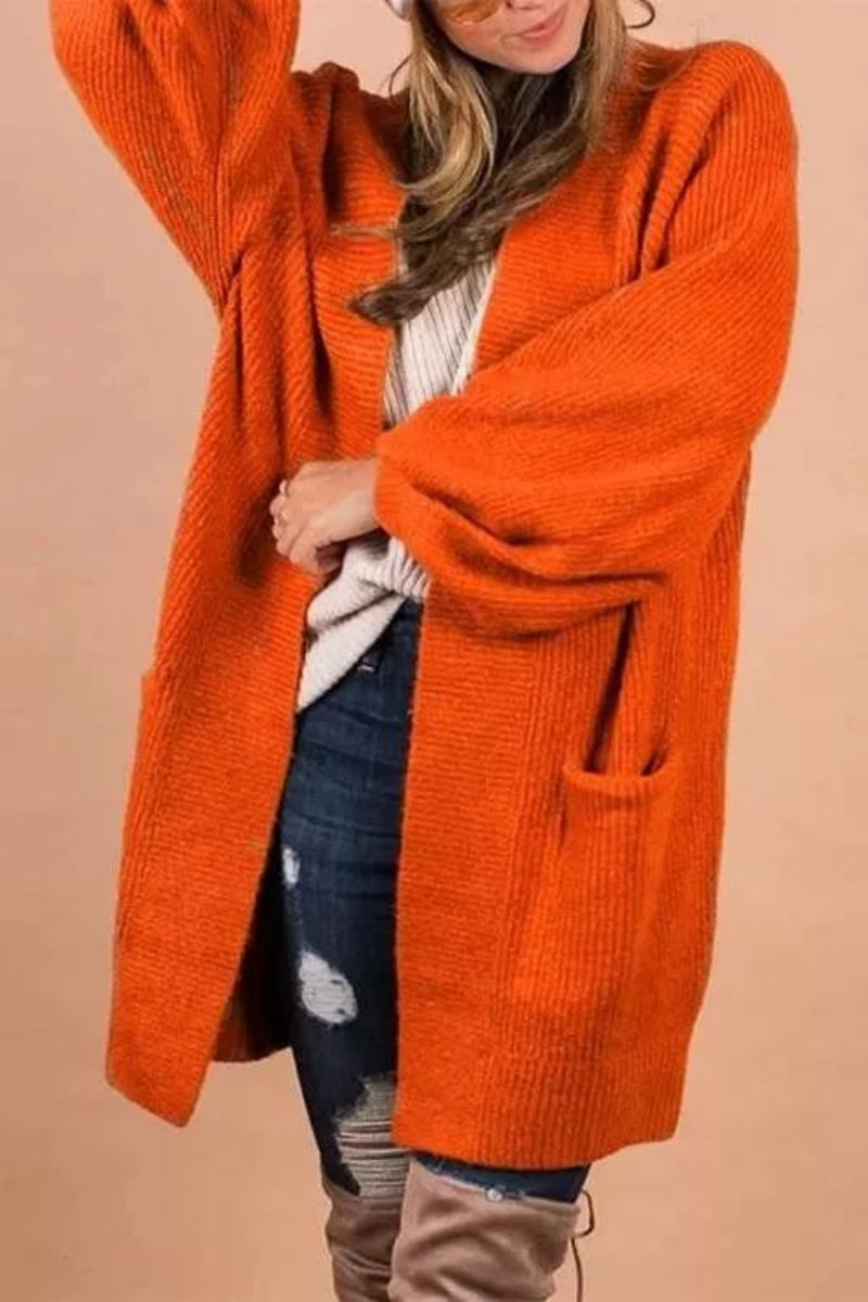 Pumpkin Color Lantern Sleeve Long Knitted Cardigan