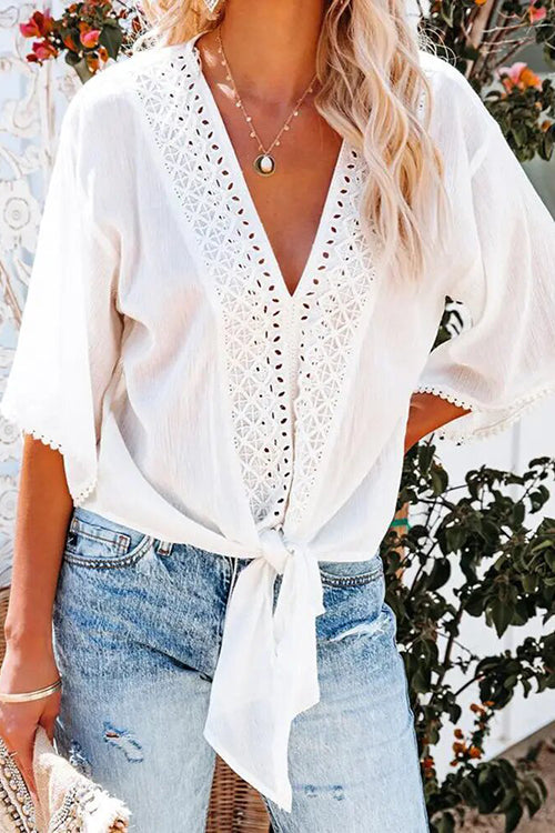 V Neck Knot Embroidery Bell Sleeve Blouse