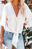 V Neck Knot Embroidery Bell Sleeve Blouse