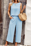 Solid Blue Round Neck Two Pieces Set
