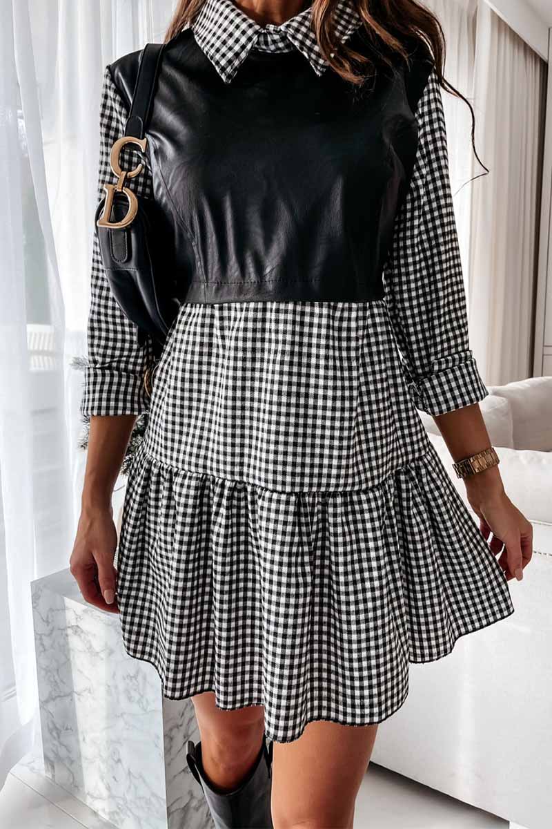 Florcoo Shirt skirt and leather stitching Mini Dress - Fashionpara