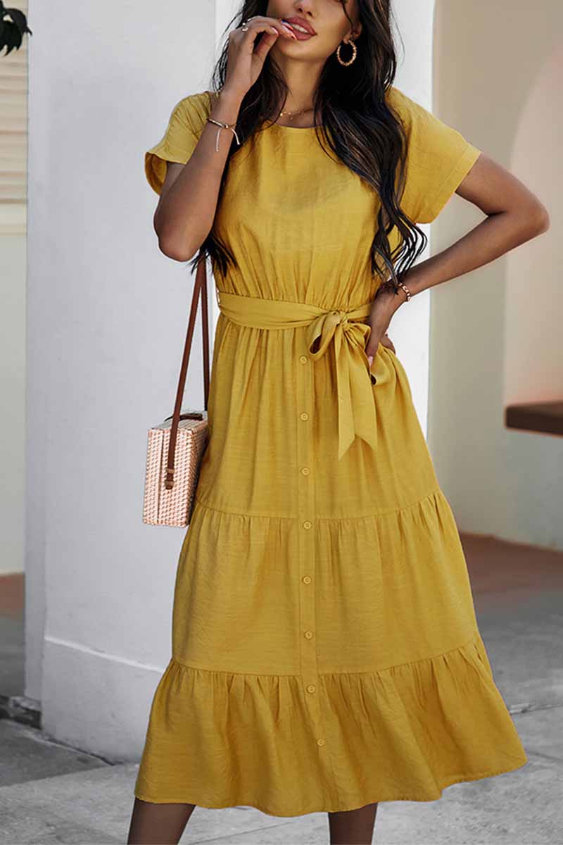 Florcoo Pure Color Simple Restraint Waist Midi Dress(3 Colors) - Fashionpara