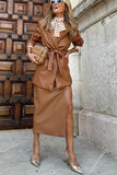 Faux Leather Ruched Slit Midi Skirt