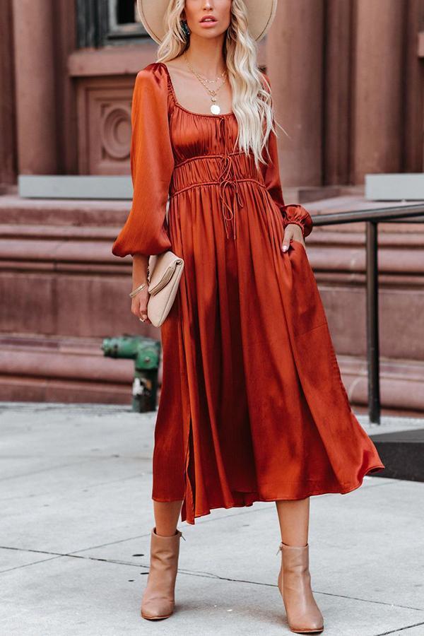 Satin Pocket Drawstring Long Sleeve Midi Dress - Fashionpara