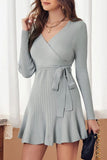 Surplice Neck Ribbed Knit Belted Sweater Dress