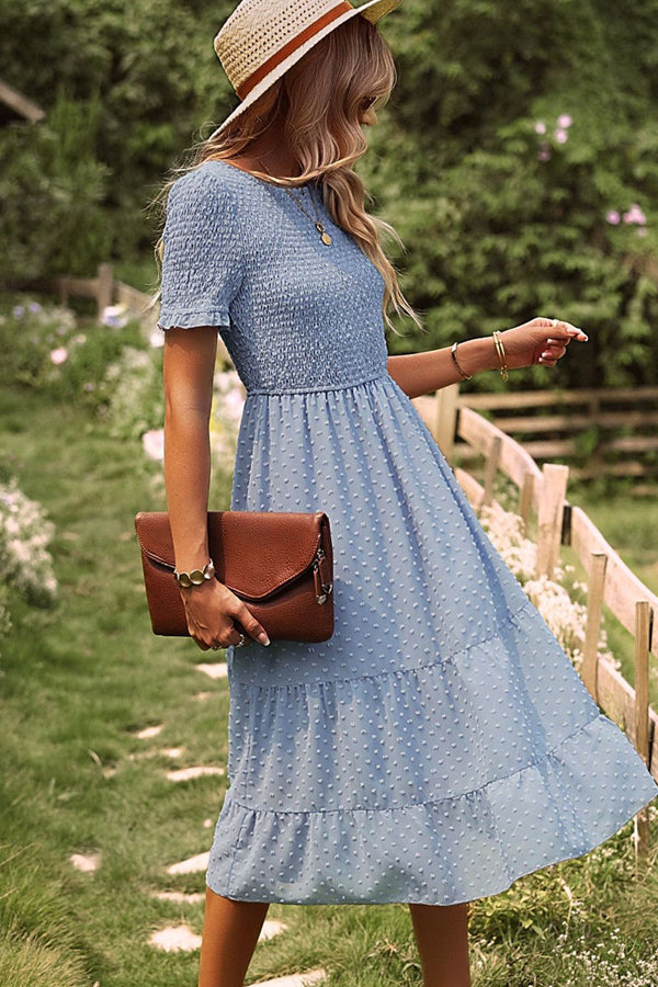 Smocked Design Ruffle Hem Casual Dress - Fashionpara