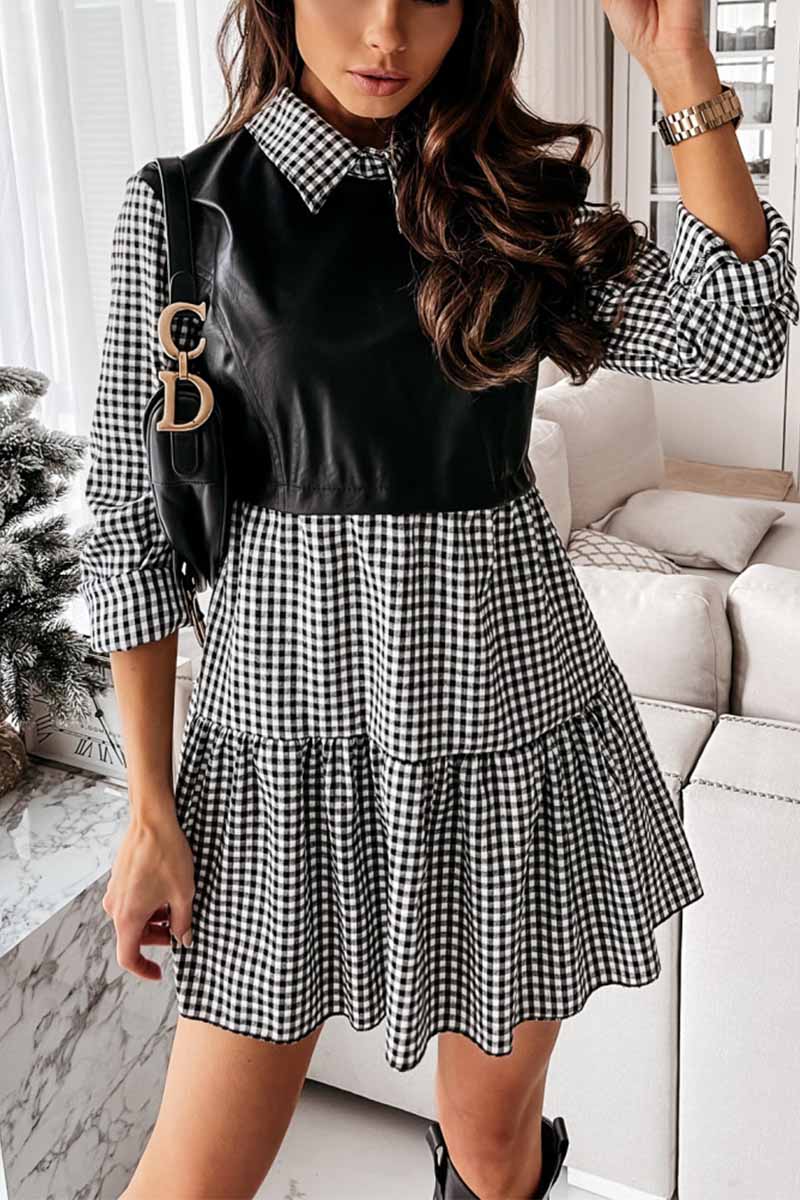 Florcoo Shirt skirt and leather stitching Mini Dress - Fashionpara