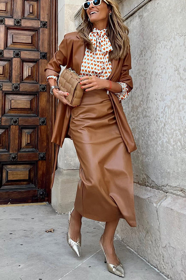 Faux Leather Ruched Slit Midi Skirt - Fashionpara