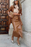 Faux Leather Ruched Slit Midi Skirt