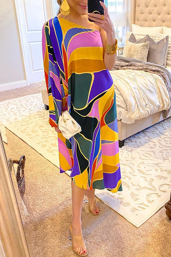 Multi Print Asymmetrical One Shoulder Dress - Fashionpara