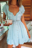 Lace Button Ruffles Mini Dress