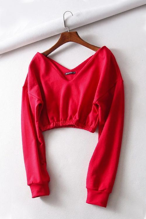 V Neck Long Sleeve Crop Top - Fashionpara