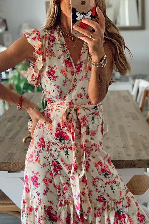 Floral Print Ruffles Maxi Wrap Dress - Fashionpara