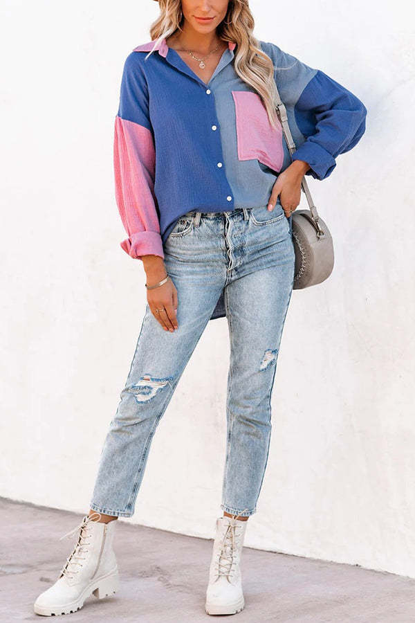 Color Block Textured Button Shirt with Pocket - Fashionpara