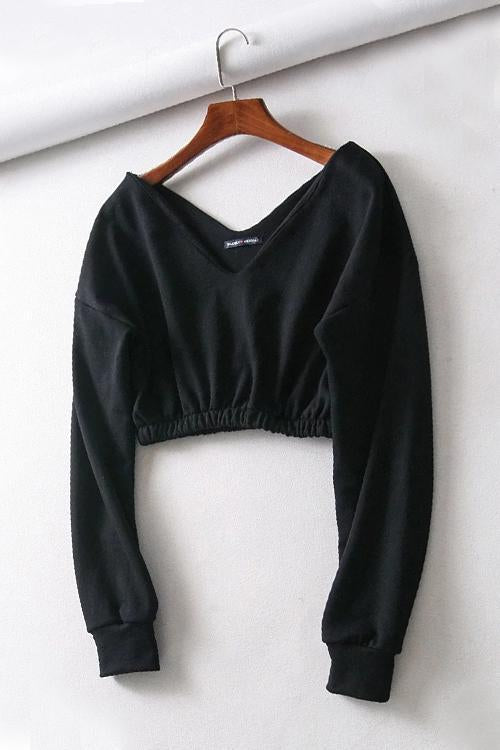 V Neck Long Sleeve Crop Top - Fashionpara