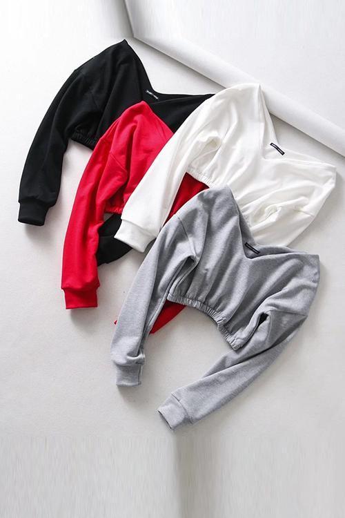 V Neck Long Sleeve Crop Top - Fashionpara