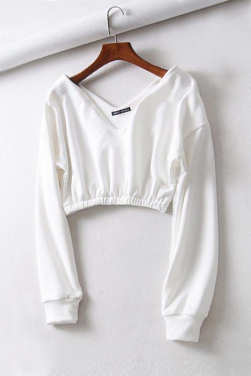 V Neck Long Sleeve Crop Top - Fashionpara