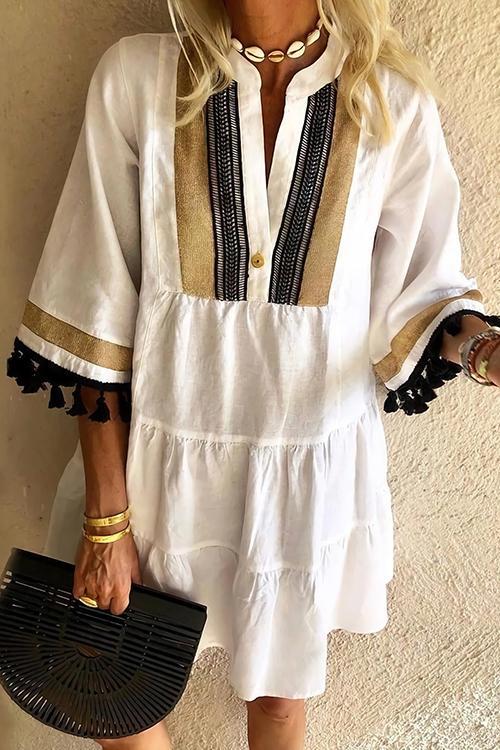 Print Tassels V Neck Mini Dress - Fashionpara