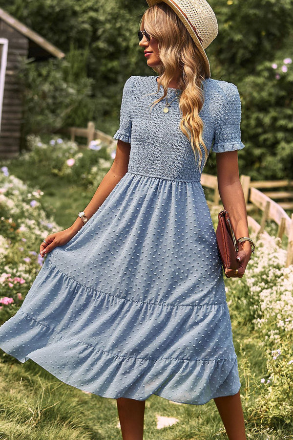 Smocked Design Ruffle Hem Casual Dress - Fashionpara