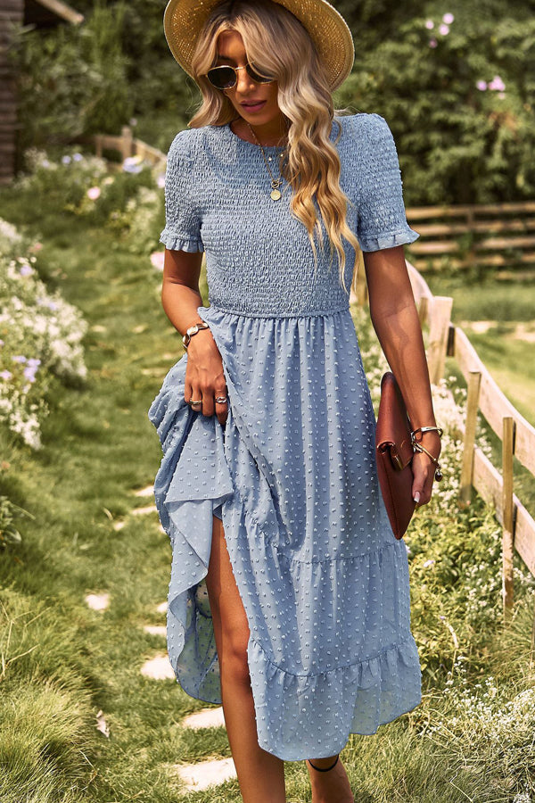 Smocked Design Ruffle Hem Casual Dress - Fashionpara