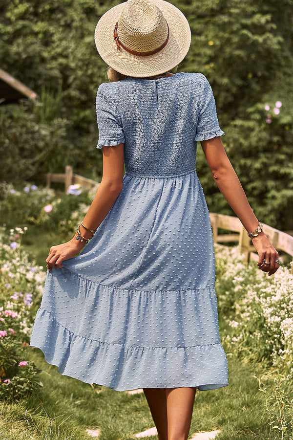 Smocked Design Ruffle Hem Casual Dress - Fashionpara