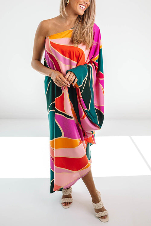 Multi Print Asymmetrical One Shoulder Dress - Fashionpara