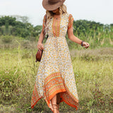 V Neck Floral Print Ruffle Hem Casual Dress