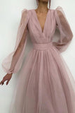 V Neck Tulle Long Sleeve Midi Dress - Fashiondia