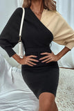 Colorblock Batwing Sleeve Belted Sweater Dress