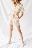 Turndown Collar Button Belted Romper