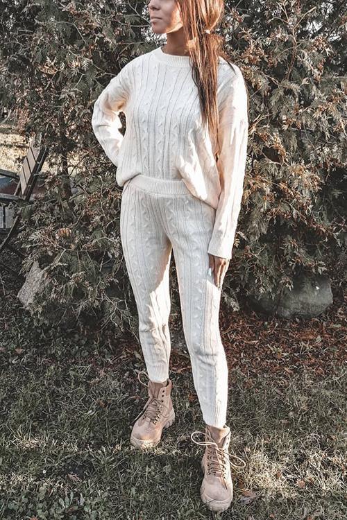 Knit Dew Shoulder Pants Set - Fashionpara